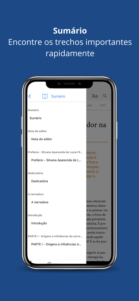 Biblioteca Digital Senac - A smartphone displaying the table of contents menu in the Biblioteca Digital Senac mobile application.