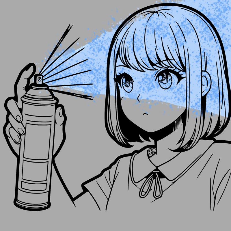 a girl that is spray painting herself that looks like manga