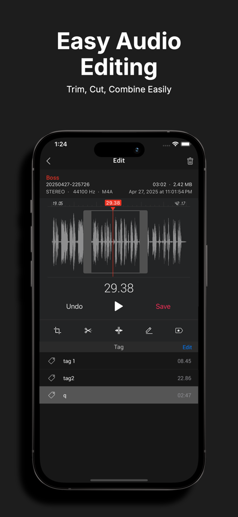 SoundNote app interface showing audio editing tools to trim cut and tag voice recordings