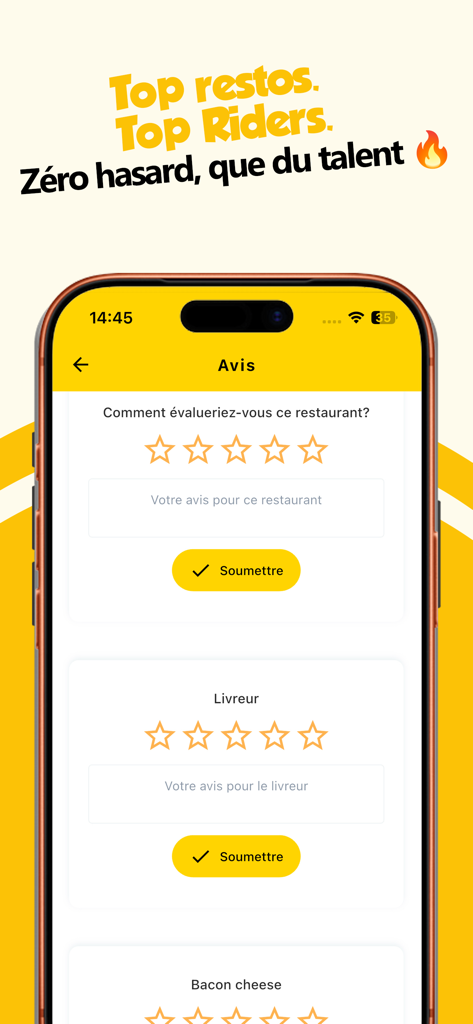 Kool Delivery - Review and rating screen for restaurants and drivers on the Kool Delivery app interface