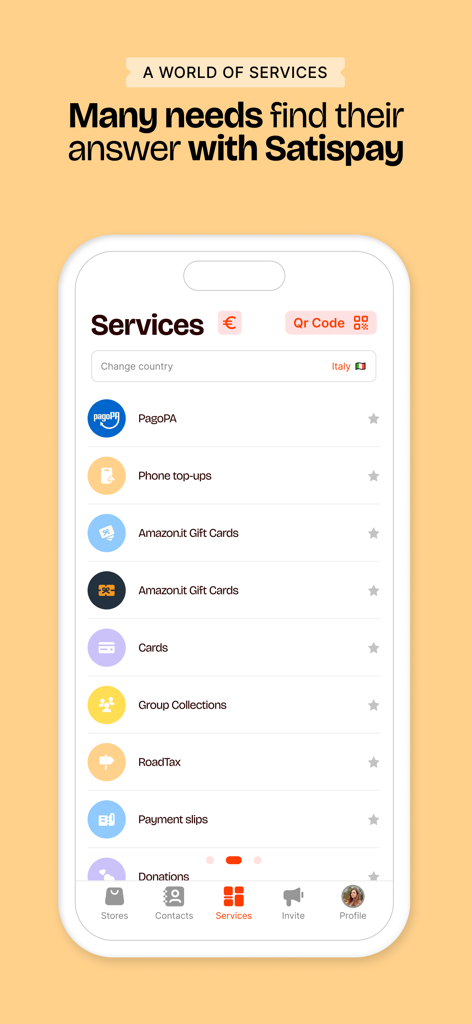 L'interface de l'application Satispay affiche un menu complet de services financiers et d'options de paiement.