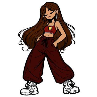 girl in baggy pants crop top and long hair