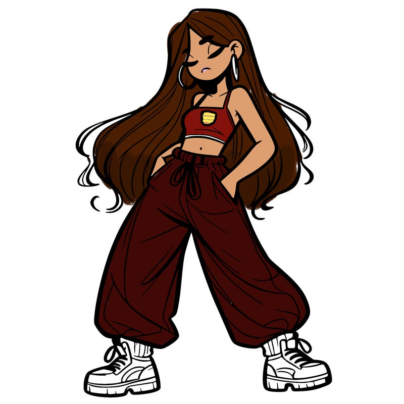 girl in baggy pants crop top and long hair