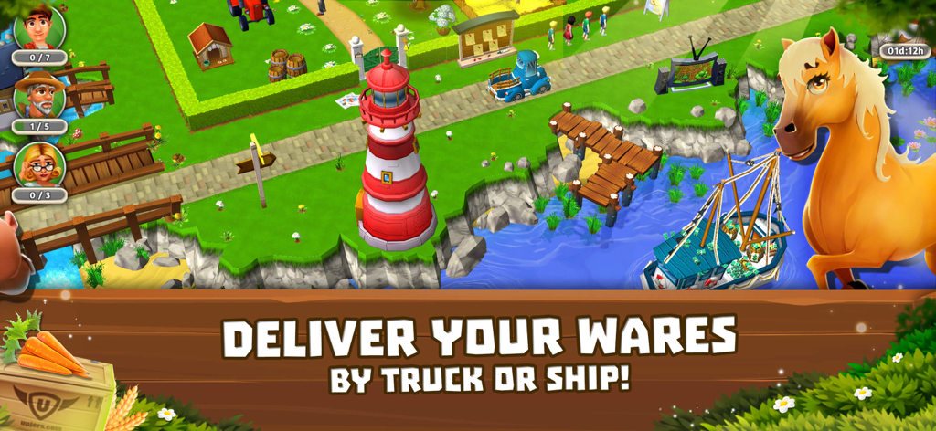 Paisaje de granja 3D en MyFreeFarm2 que muestra un camión de reparto y un barco de carga listos para el transporte cerca de un faro.