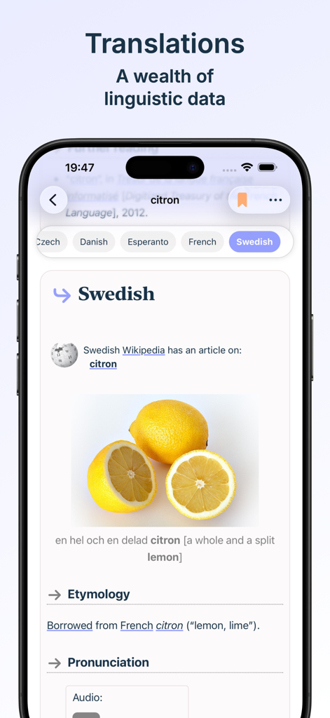 WikiDee app interface showing the Swedish translation and etymology for the word citron with a picture of a lemon