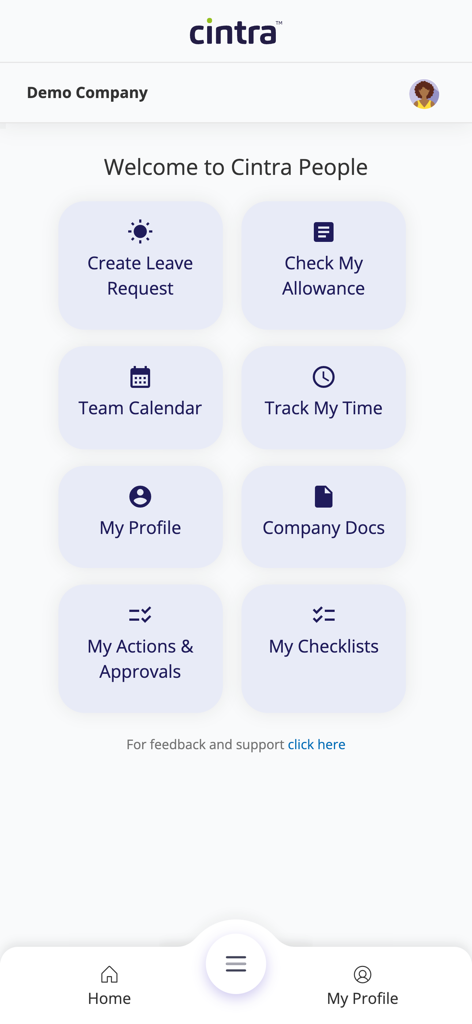Cintra People HR - Cintra People HR app dashboard showing employee self service features like leave requests and time tracking