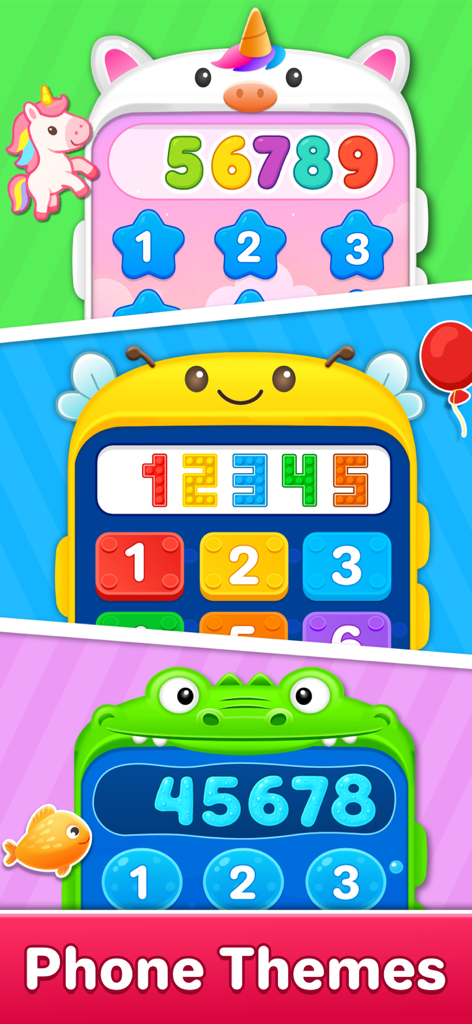 Three colorful phone themes for toddlers featuring unicorn bee and crocodile characters