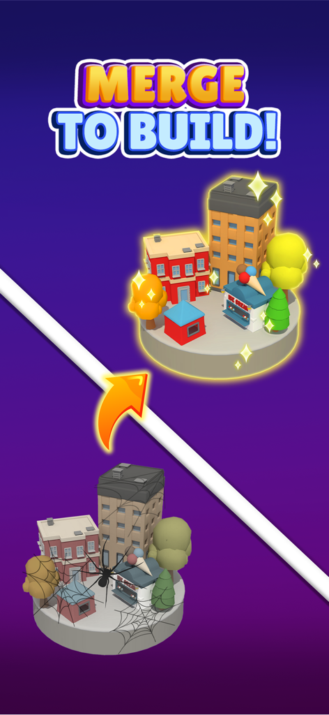 Color Hexa Sort Puzzle Game - A before and after comparison showing a dull grey town transformed into a vibrant colorful 3D city through merging