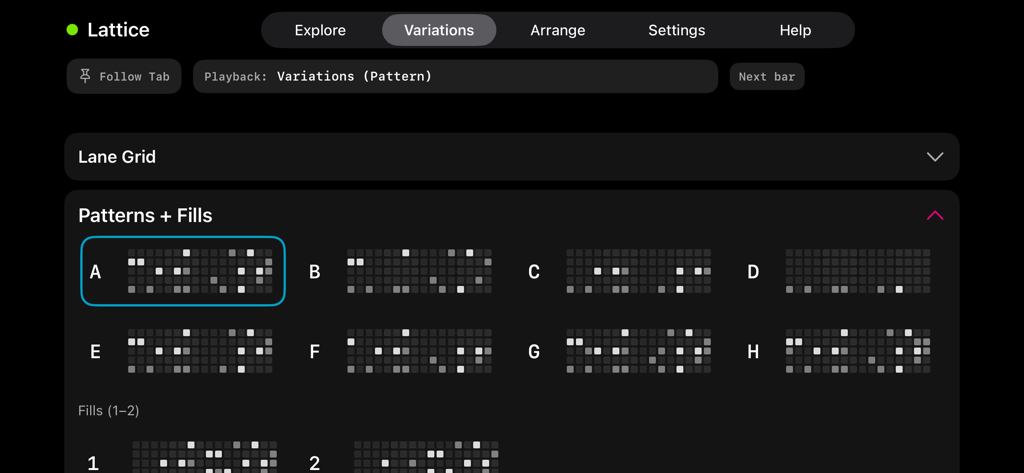 Lattice - La pestaña Variaciones en la aplicación Lattice mostrando una cuadrícula de patrones de batería y fills capturados