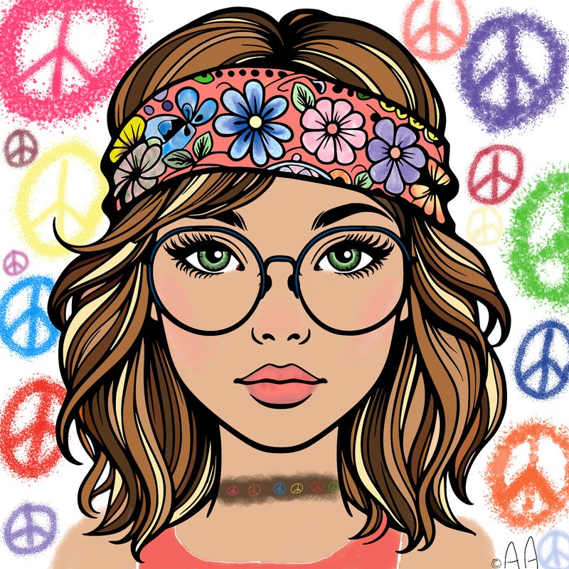 hippie girl with glasses realistic