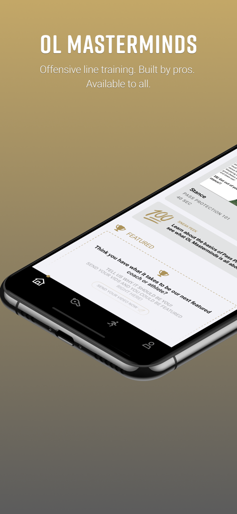 OL Masterminds - Smartphone screen showing the OL Masterminds app featuring offensive line stance and pass protection drills