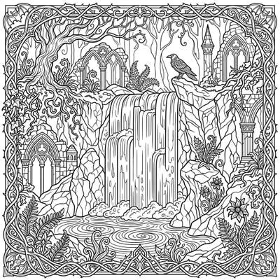 Discover the enchanting world of this Gothic Block Waterfall coloring page, where nature's power meets ancient mystery. Dive into intricate details of cascading water, overgrown ruins, and a watchful raven, ready for your creative touch.