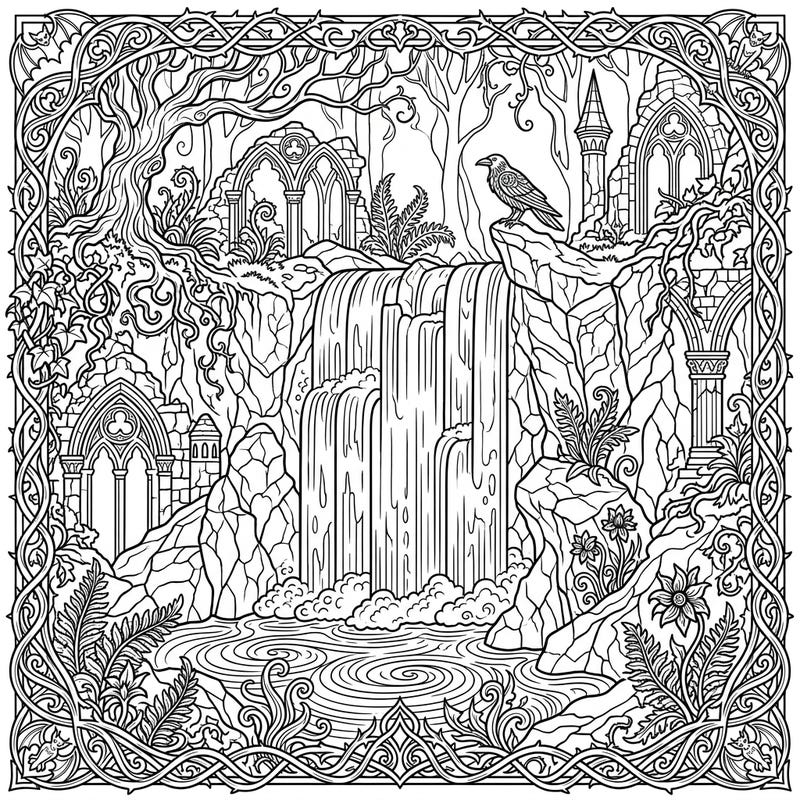 Discover the enchanting world of this Gothic Block Waterfall coloring page, where nature's power meets ancient mystery. Dive into intricate details of cascading water, overgrown ruins, and a watchful raven, ready for your creative touch.