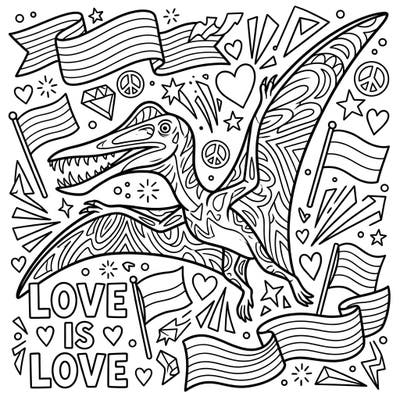 Soar into a world of creativity and celebration with this dynamic Tupuxuara coloring page, designed in a bold Pop Art style. It's a vibrant tribute to Pride Month, inviting you to add your colors to symbols of love and diversity.