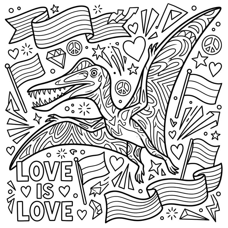 Soar into a world of creativity and celebration with this dynamic Tupuxuara coloring page, designed in a bold Pop Art style. It's a vibrant tribute to Pride Month, inviting you to add your colors to symbols of love and diversity.