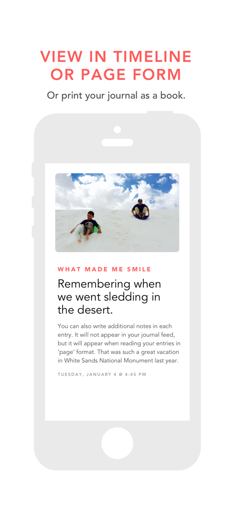 Grateful app interface showing a journal entry with a photo and text in page form.