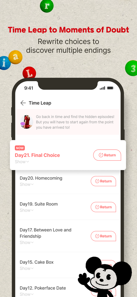 Picka: Virtual Messenger - A mobile screen showing the Time Leap menu in the Picka app which allows players to rewrite choices and discover multiple story endings