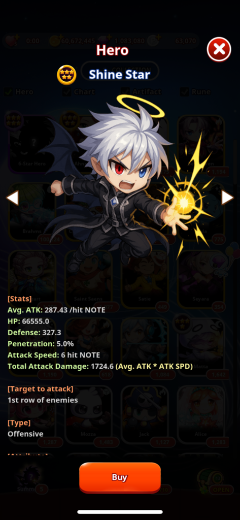 Shine Star hero profile screen in RhythmStar showing RPG character stats and offensive type