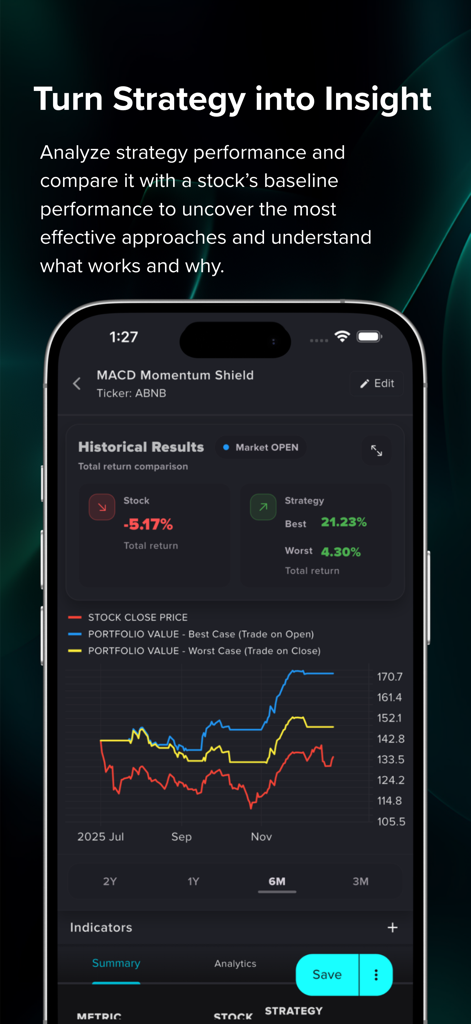 Stratify - Backtesting Wallet - Mobile screen showing Stratify app historical results comparing a trading strategy performance against a stock baseline with a data graph.