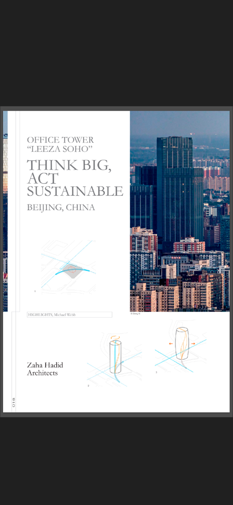 Digital page of THE PLAN Magazine featuring an article on the Leeza SOHO office tower in Beijing designed by Zaha Hadid Architects