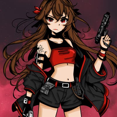 bad girl wearing crop top holding a gun long hair anime