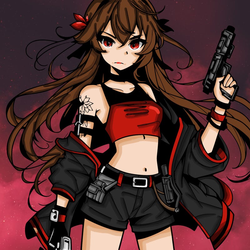bad girl wearing crop top holding a gun long hair anime