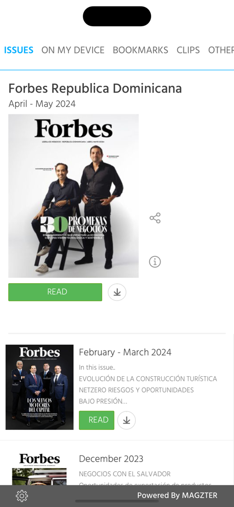 La aplicación Forbes República Dominicana muestra una lista de números de revistas para leer