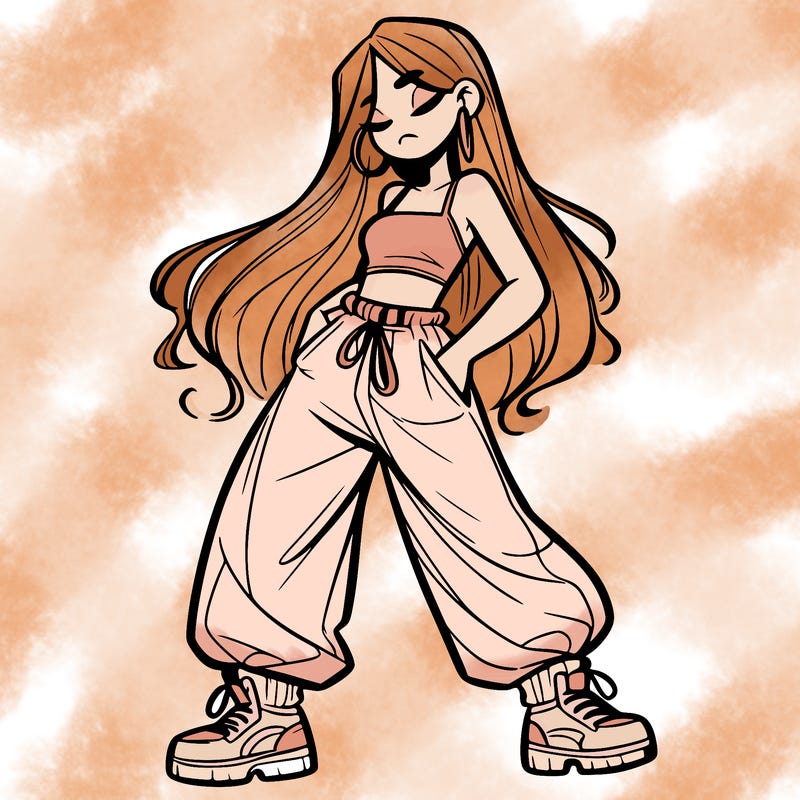 girl in baggy pants crop top and long hair