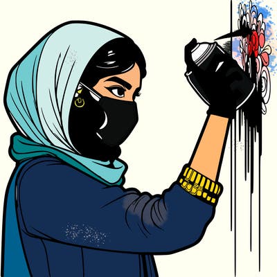 realistic girl with mask spray painting a wall