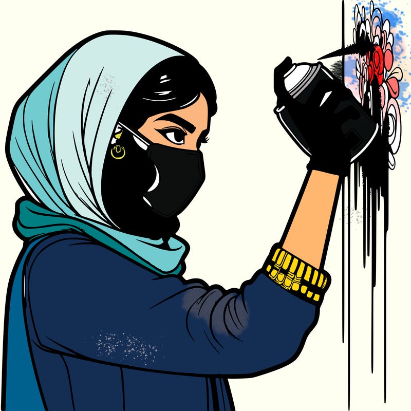 realistic girl with mask spray painting a wall