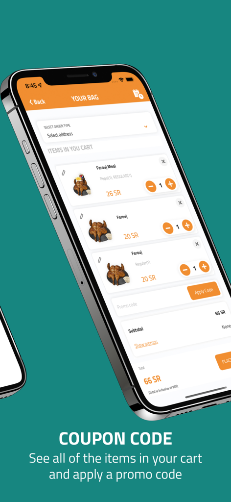 Al Tazaj KSA app shopping cart showing food items and promo code field