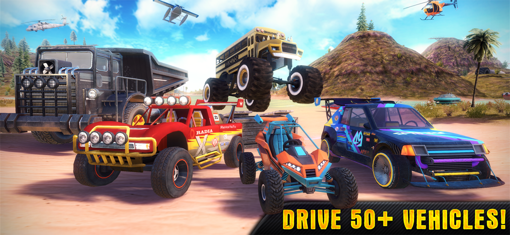A variety of off-road vehicles including trucks buggies and helicopters in an open world environment