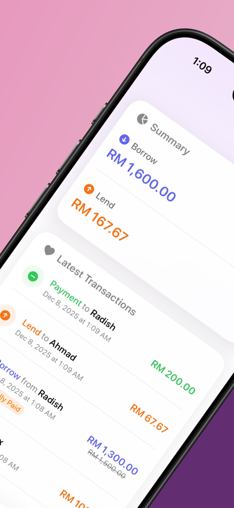 Hutang: Log Your Debt - A mobile screen showing the summary of money borrowed and lent along with latest transaction records in the Hutang app.