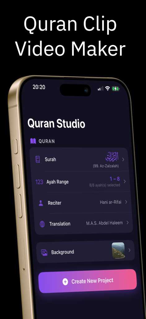 QuranStudio: Quran Clip Maker - Mobile interface of the QuranStudio app showing the project creation screen with surah, ayah, and reciter selection