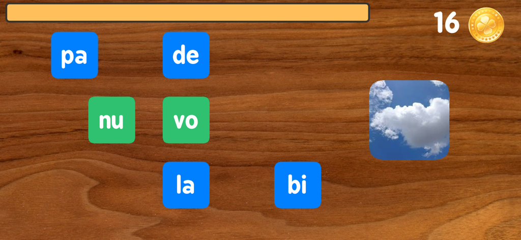 Scrivere con le sillabe Pro - Italian educational app interface showing syllable tiles to spell the word nuvola next to a picture of clouds.