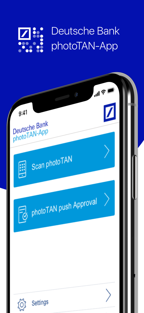 Schermata principale dell'app Deutsche Bank photoTAN con pulsanti per la scansione photoTAN e l'approvazione push