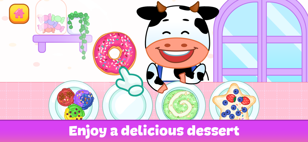 Kids Cooking Games: Yummy Food - A cartoon cow chef in a kitchen showing various colorful desserts like donuts and ice cream