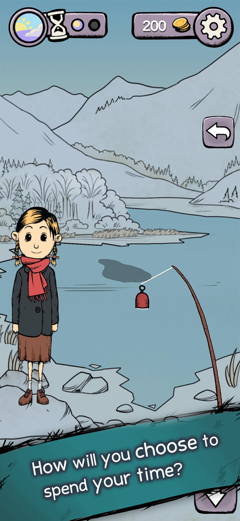 My Child Lebensborn - Karin standing by a lake with a fishing rod in front of mountains