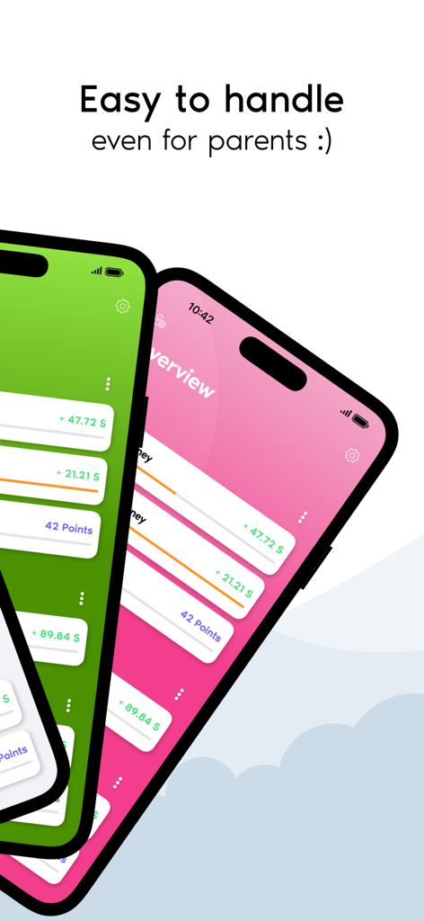 Pockey app overview showing child allowance balances and reward points on colorful screens