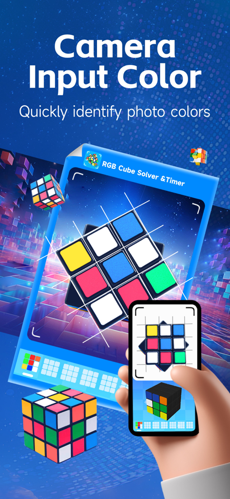 RGB Cube Solver &Timer - Un smartphone utilisant l'entrée caméra pour scanner et identifier les couleurs sur la face d'un Rubik's cube