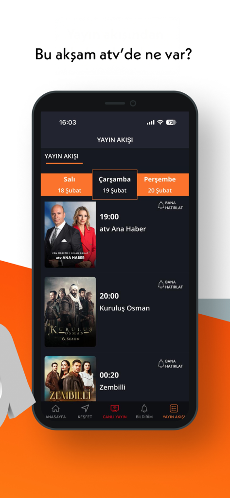 Pantalla de aplicación móvil que muestra el horario diario de transmisión de la televisión turca atv