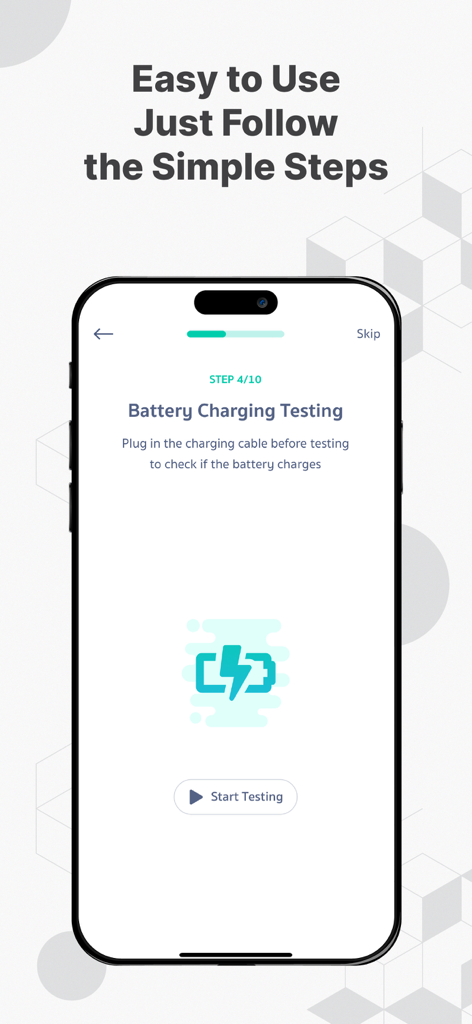 Remobie Check - Remobie Check app screen showing the battery charging diagnostic test step