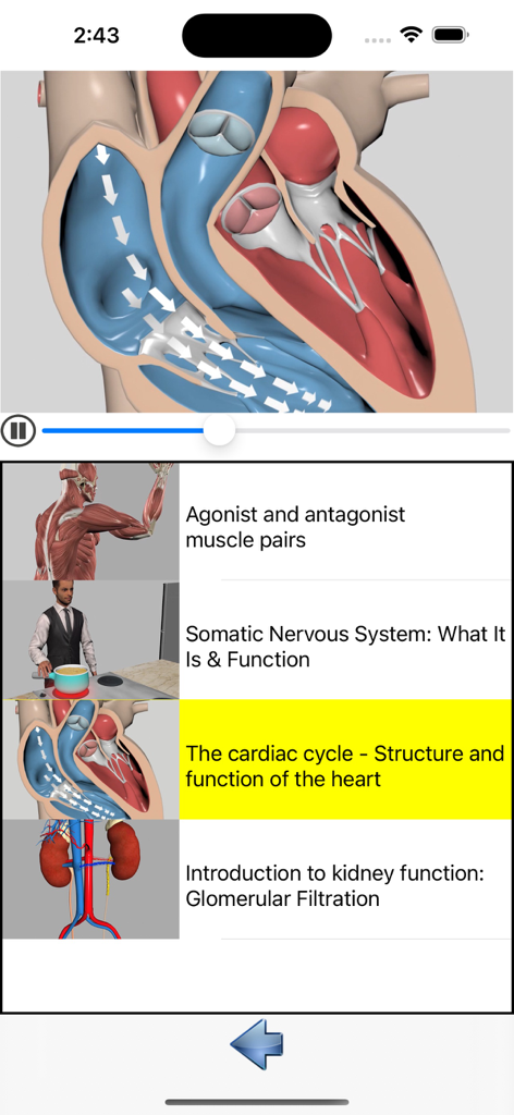 3D cardiac cycle animation and anatomy lesson menu in the Visual Anatomy app