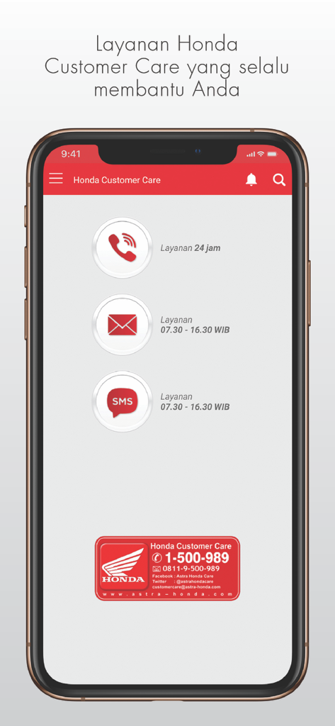 welovehonda - Screenshot of the welovehonda app customer care screen showing various contact methods including phone email and SMS