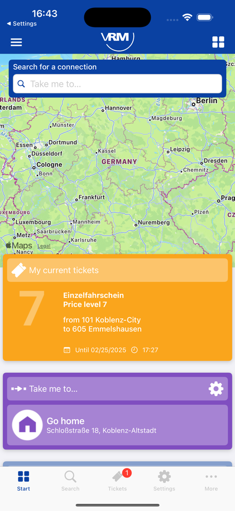 VRM-App-Startbildschirm mit einer Karten-Suchleiste und einem aktiven Nahverkehrsticket von Koblenz nach Emmelshausen.