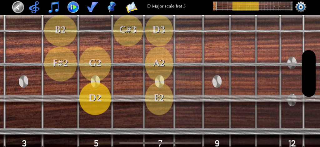 Bass Guitar Tutor Pro - Bass Guitar Tutor Pro interface showing D Major scale notes on a virtual bass fretboard