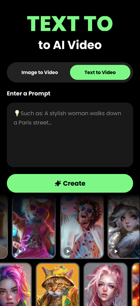 Interfaz de la aplicación PixVideo AI para convertir indicaciones de texto en vídeos generados por IA