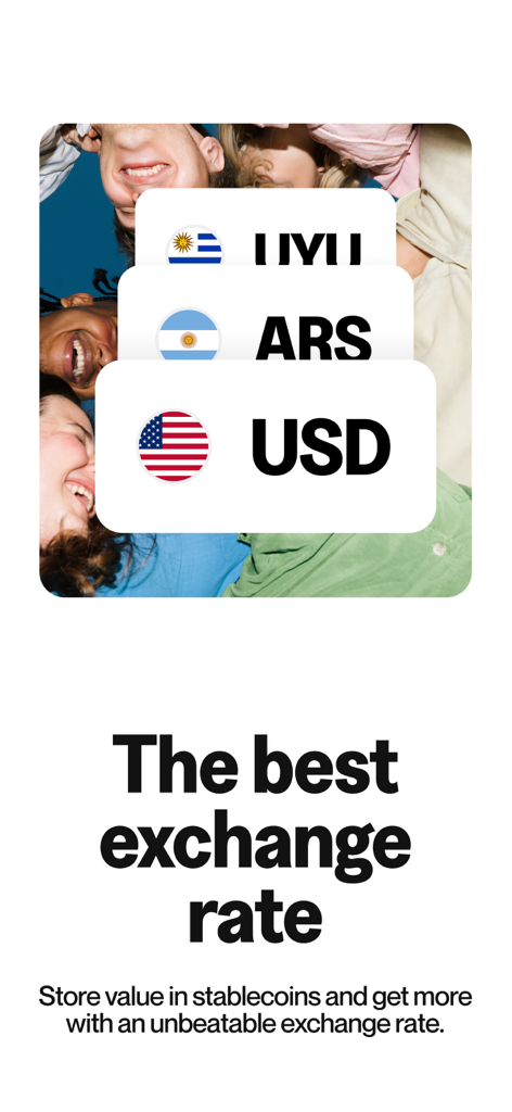 Pantalla de la aplicación Grateful que muestra los tipos de cambio de divisas para USD ARS y UYU junto a un grupo de personas felices.