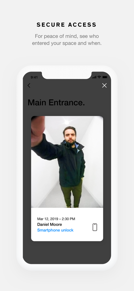 Latch App - Latch app screenshot showing an activity log for building entrance with visitor photo and unlock method