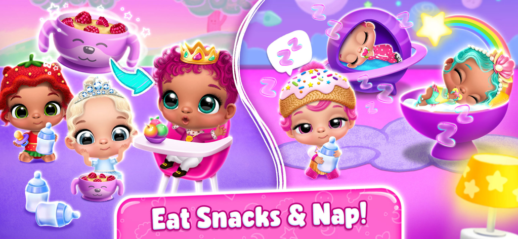 Giggle Babies - Toddler Care - Virtual babies eating snacks and taking a nap in a colorful daycare game.